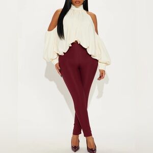 Ivory Off Shoulder Drape Blouse Sz:Small | Chic Cold Shoulder Balloon Sleeve Top